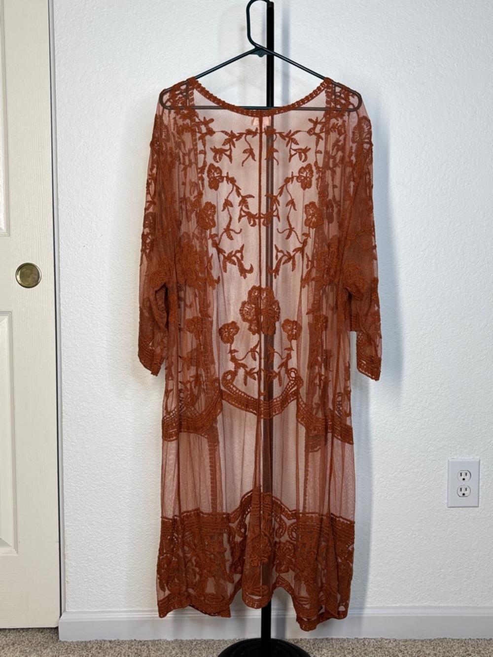Dizzy Gal Sheer Embroidered Floral Lace Rust Brown Kimono Duster XL - Picture 7 of 12